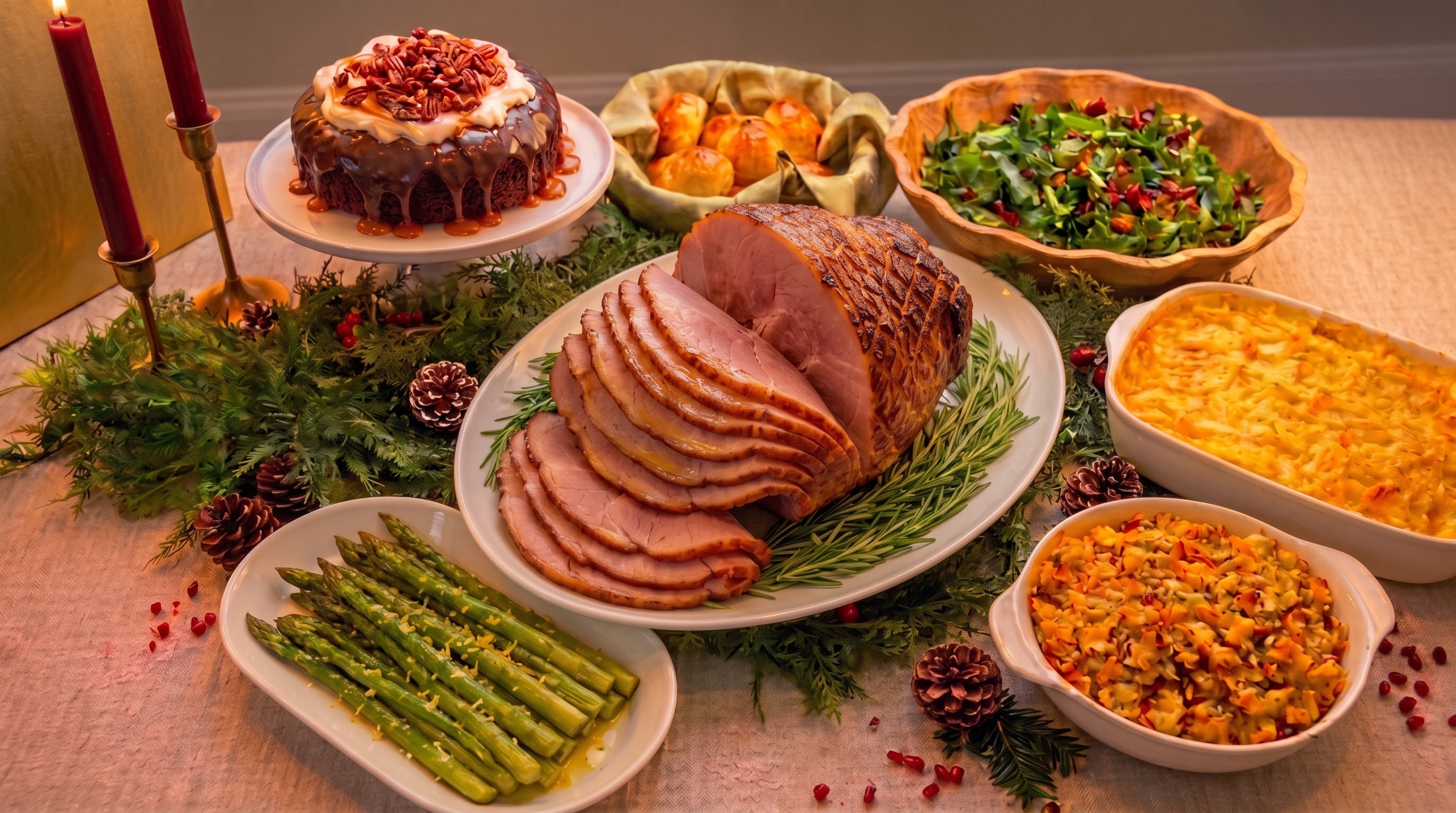 The Classic — sliced spiral-cut glazed ham centerpiece with a full Christmas table spread