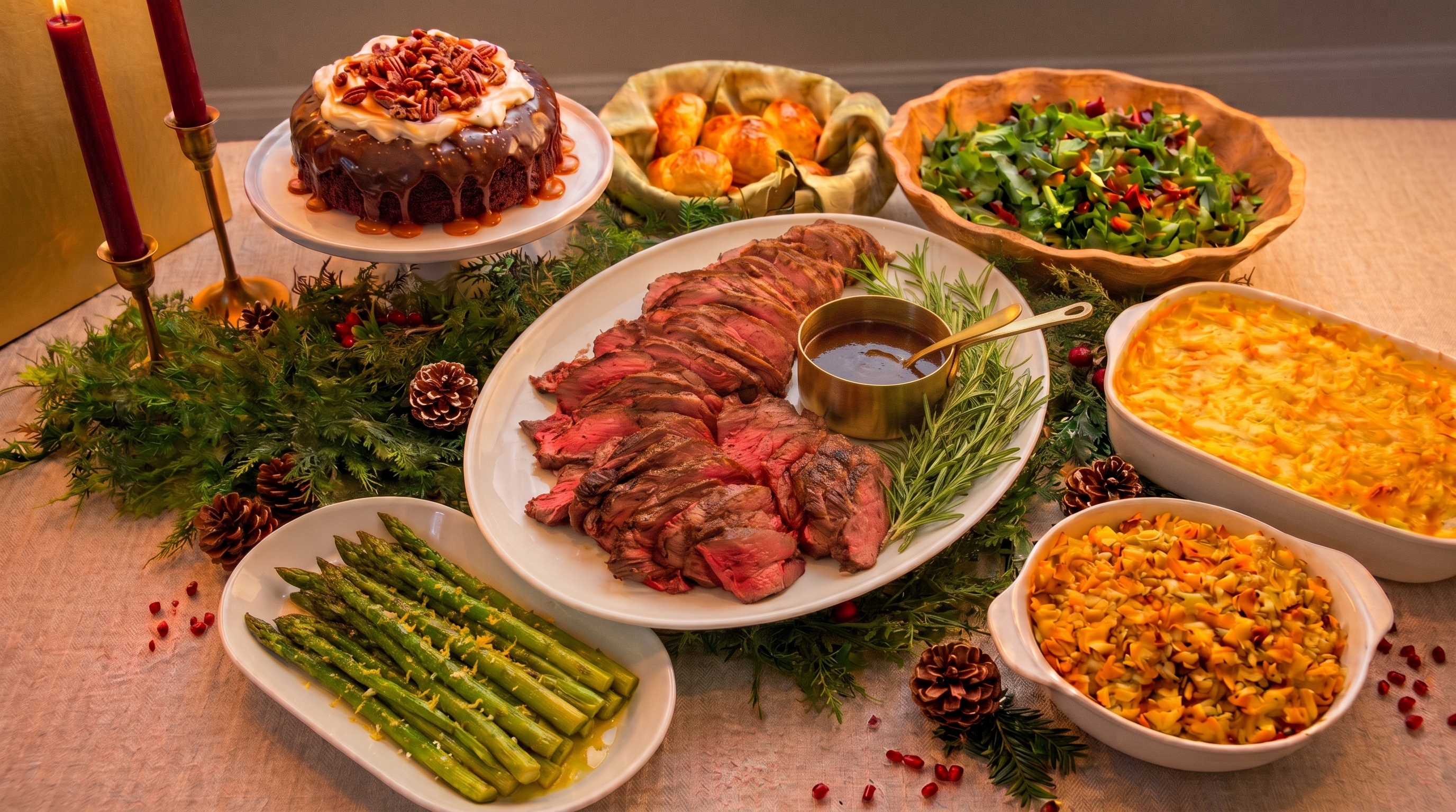The Feast — sliced beef tenderloin centerpiece with a full Christmas table spread