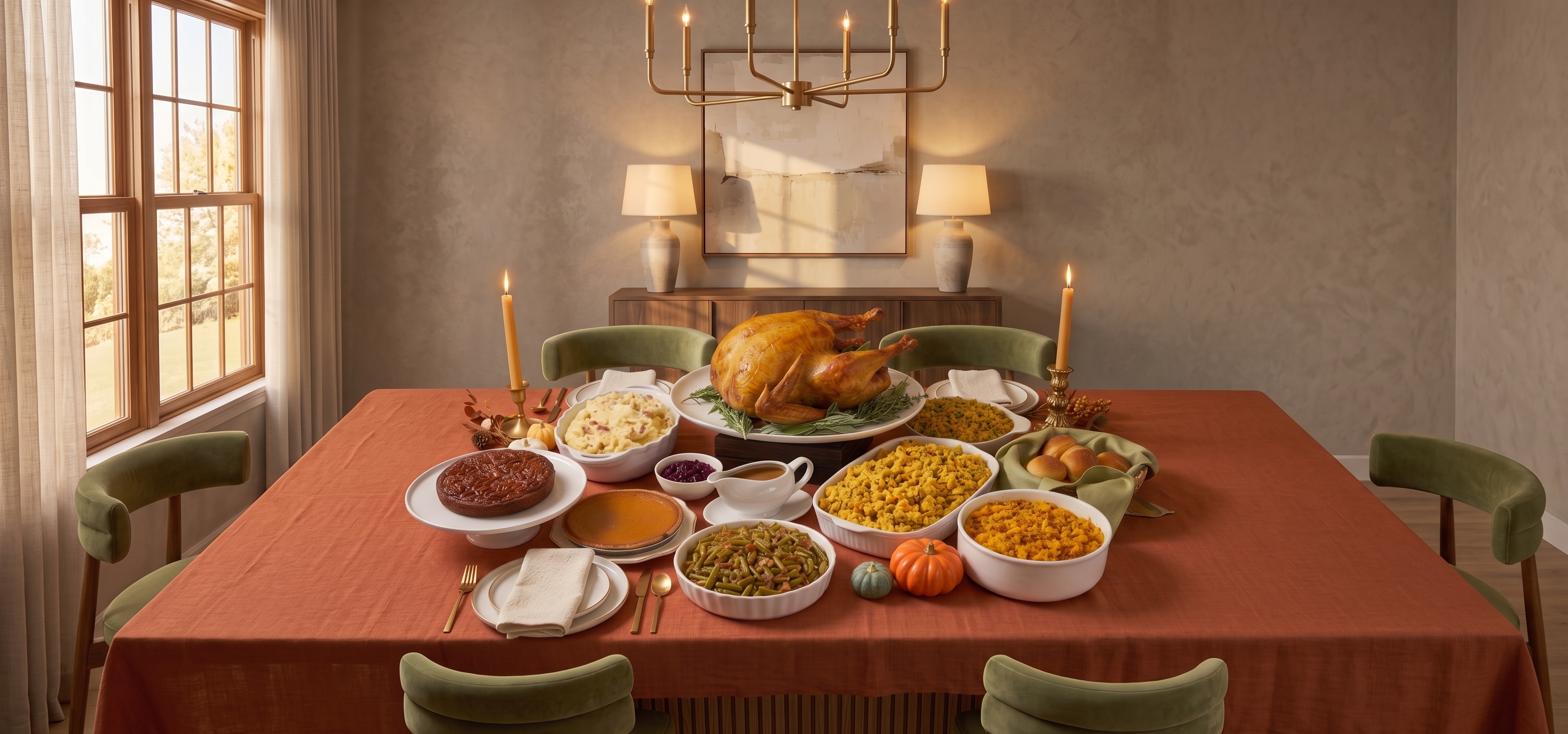 The Gather — wide view of the full Thanksgiving table set for eight
